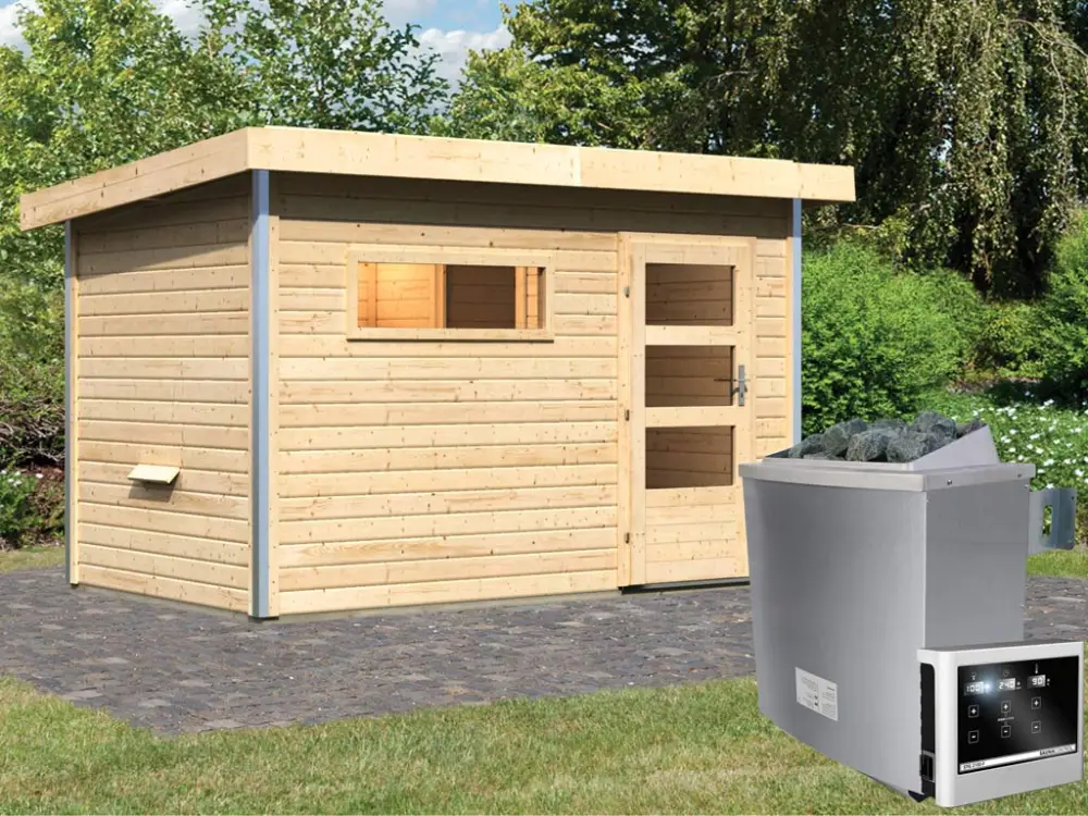 Saunahuis Skrollan 1 met transparente glazen deur & voorkamer, incl. 9kW saunakachel ext. besturing Bestel Nu