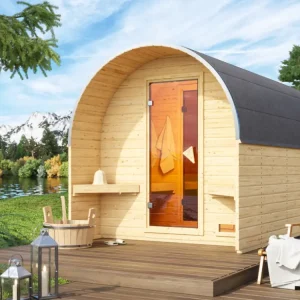 Laatste Versie Barrel sauna 3 met voorkamer 38 mm blank hout