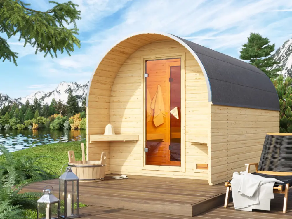 Laatste Versie Barrel sauna 3 met voorkamer 38 mm blank hout