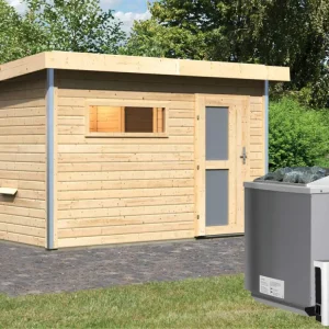 Bestseller Saunahuis Skrollan 1 met matglazen deur & voorkamer, incl. 9 kW Bio-Combi-kachel met ext. besturing