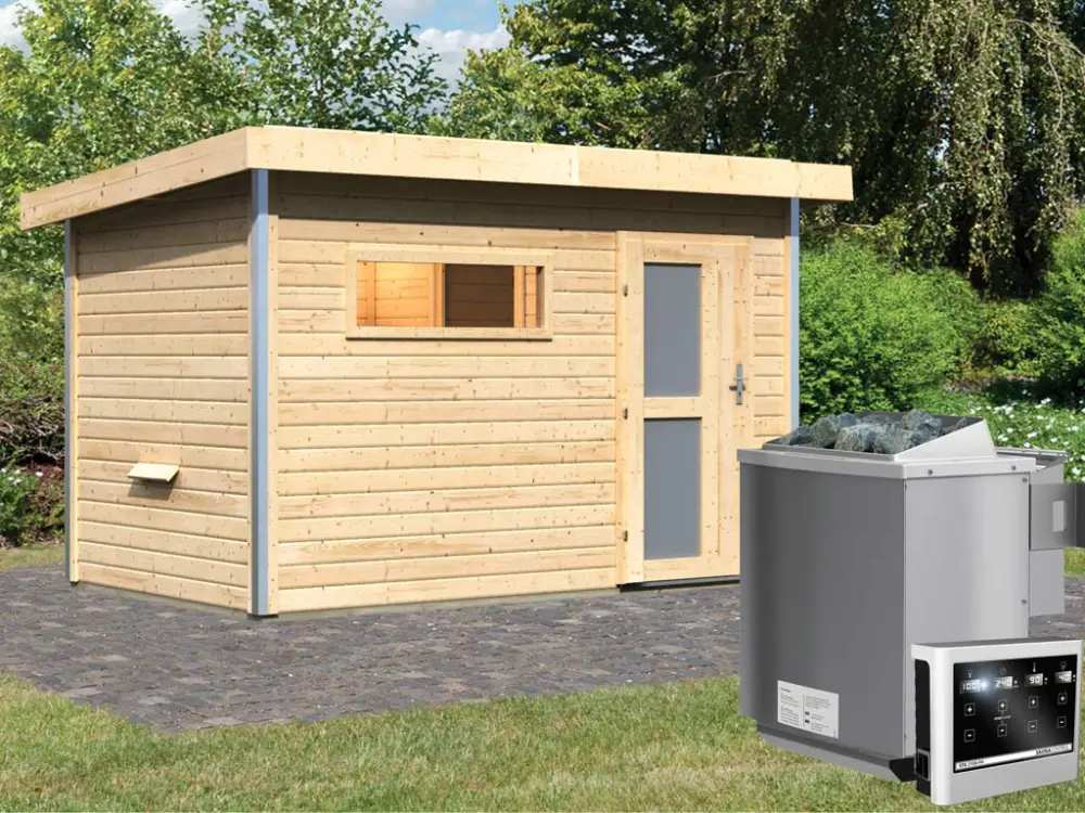 Bestseller Saunahuis Skrollan 1 met matglazen deur & voorkamer, incl. 9 kW Bio-Combi-kachel met ext. besturing
