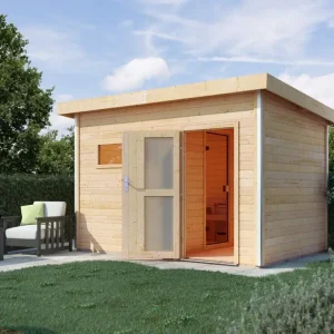 Saunahuis Skrollan 2 met matglazen deur & voorkamer, incl. 9 kW saunakachel met ext. besturing Fabrieksprijs