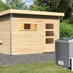 Finale Uitverkoop Saunahuis Skrollan 2 met transparente glazen deur & voorkamer, incl. 9kW Bio-Combi-kachel met