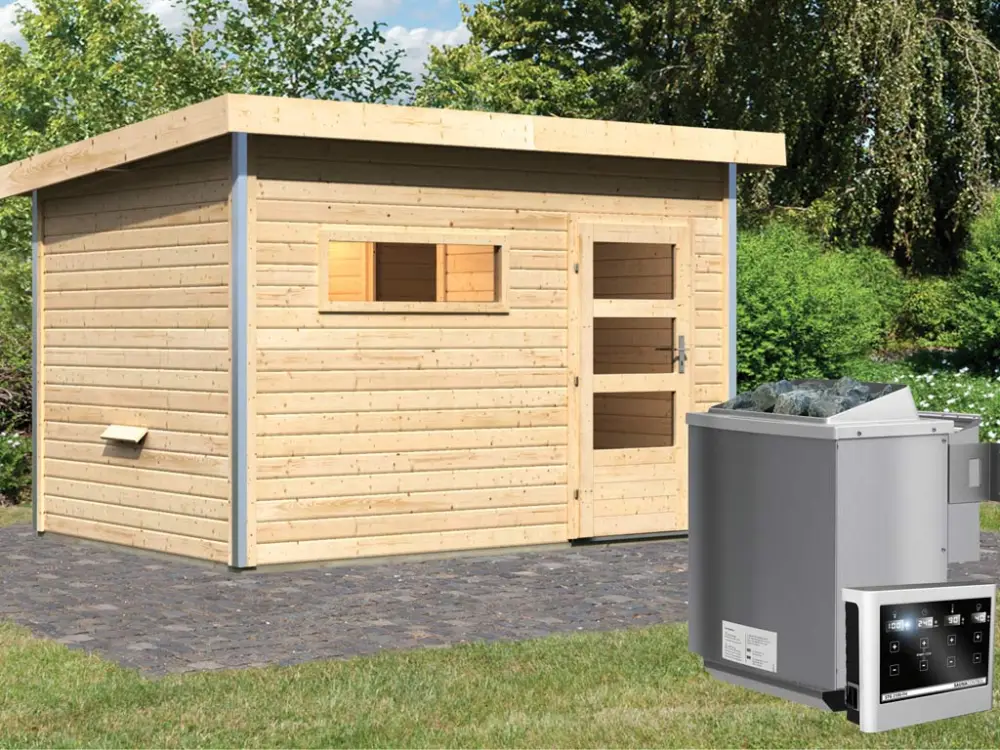 Finale Uitverkoop Saunahuis Skrollan 2 met transparente glazen deur & voorkamer, incl. 9kW Bio-Combi-kachel met