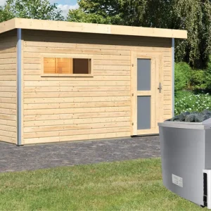Beperkte Voorraad Saunahuis Skrollan 3 met matglazen deur & voorkamer, incl. 9 kW saunakachel met ext. besturing