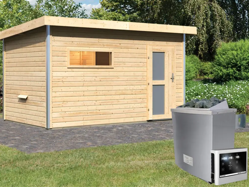 Beperkte Voorraad Saunahuis Skrollan 3 met matglazen deur & voorkamer, incl. 9 kW saunakachel met ext. besturing