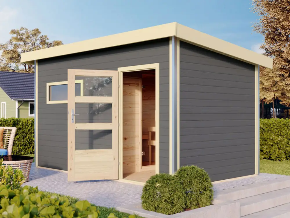 Must-Have Saunahuis Skrollan 3 met moderne deur terragrijs