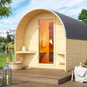 Barrel sauna 3 met voorkamer 38 mm blank hout Laatste Kans