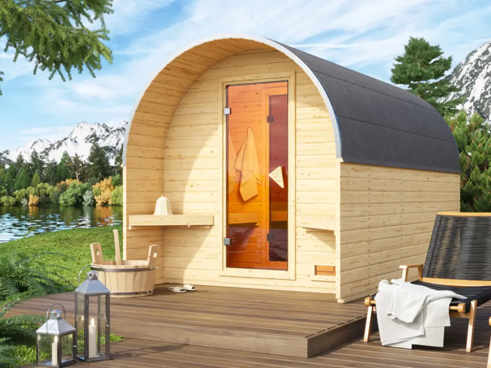 Barrel sauna 3 met voorkamer 38 mm blank hout Laatste Kans