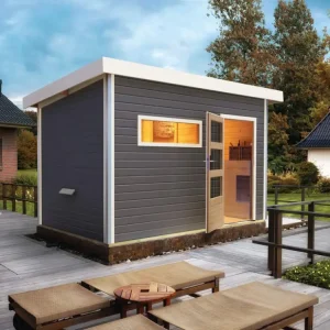 Actieprijs Saunahuis Skrollan 2 grijs met transparente glazen deur & voorkamer, incl. 9kW Bio-Combi-kachel met