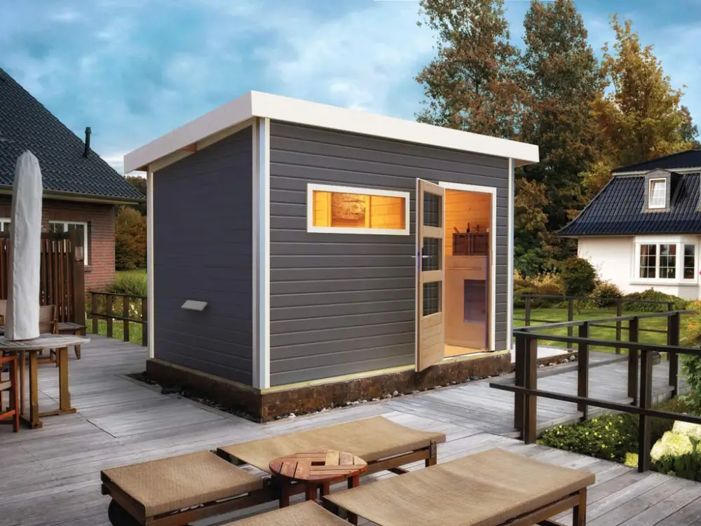 Actieprijs Saunahuis Skrollan 2 grijs met transparente glazen deur & voorkamer, incl. 9kW Bio-Combi-kachel met
