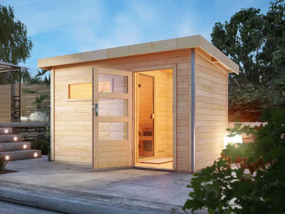 Favoriet Saunahuis Skrollan 3 met transparente glazen deur & voorkamer, incl. 9kW Bio-Combi-kachel met