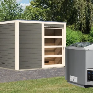 Saunahuis Cuben 38 mm terragrijs incl. 9 kW Bio-Combi-kachel ext. besturing Snelle Levering