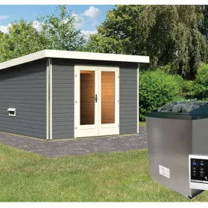 Tijdelijk Beschikbaar Saunahuis Mainburg 1 terragrijs 38 mm incl. klassieke saunakachel 9 kW + ext. besturing