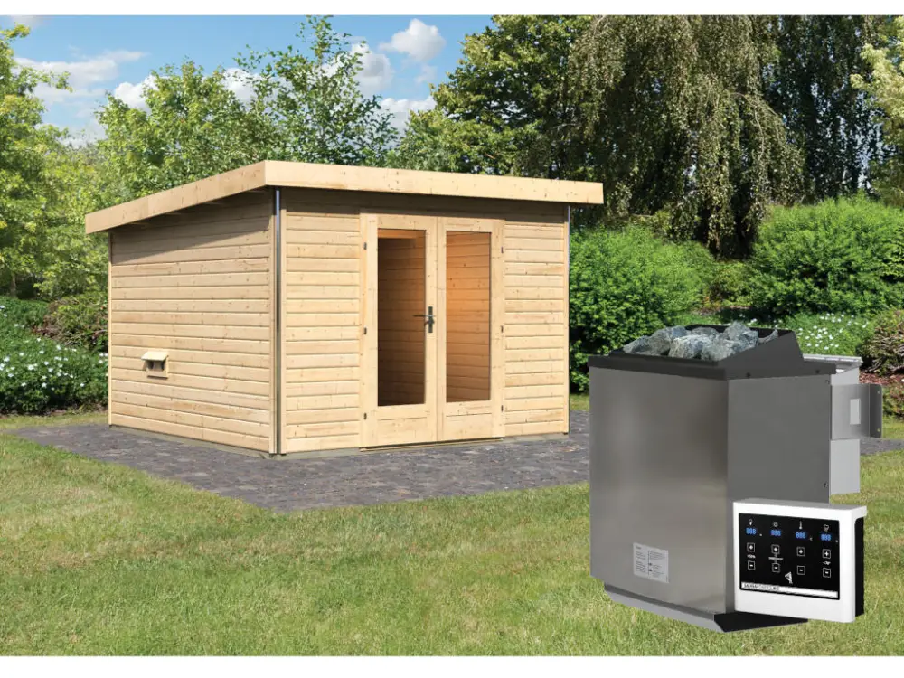 Betrouwbaar Saunahuis Mainburg 1 blank hout 38 mm incl. Bio-Combi-kachel 9 kW + ext. besturing