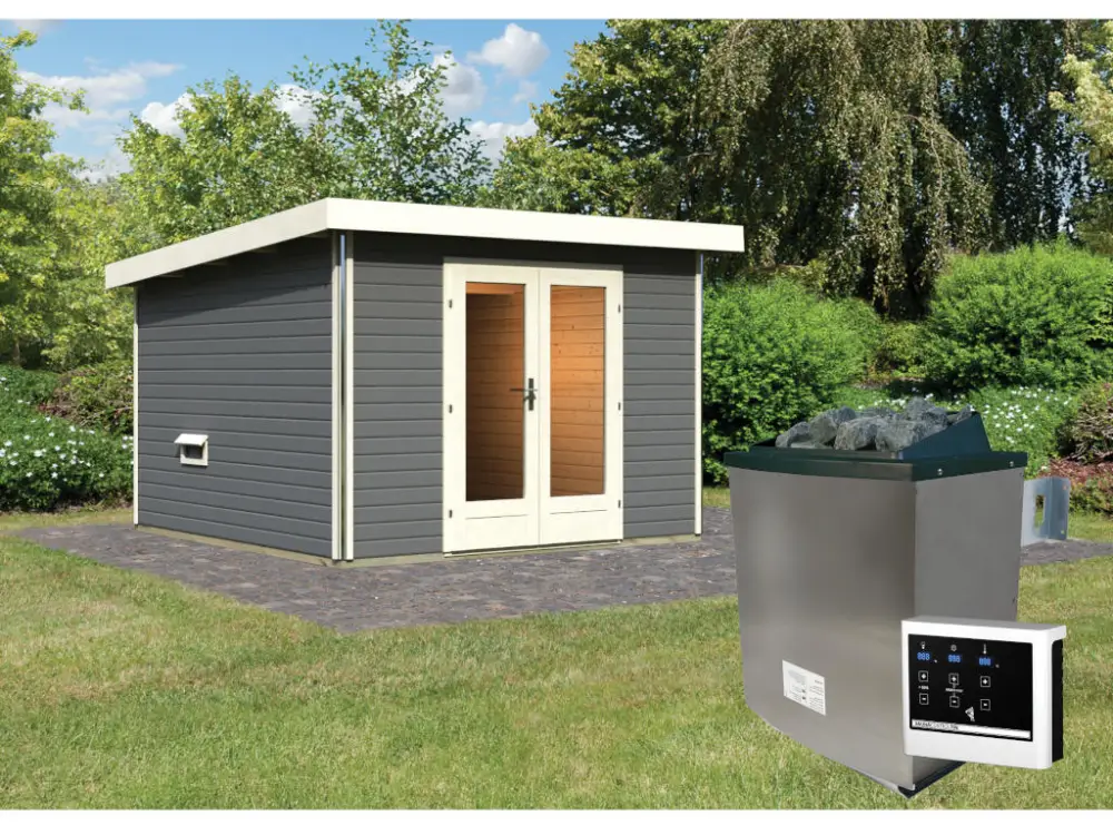Exclusieve Aanbieding Saunahuis Mainburg 1 terragrijs 38 mm incl. klassieke saunakachel 9 kW + ext. besturing