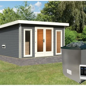 Saunahuis Mainburg 2 terragrijs 38 mm incl. klassieke saunakachel 9 kW + ext. besturing Lage Prijs