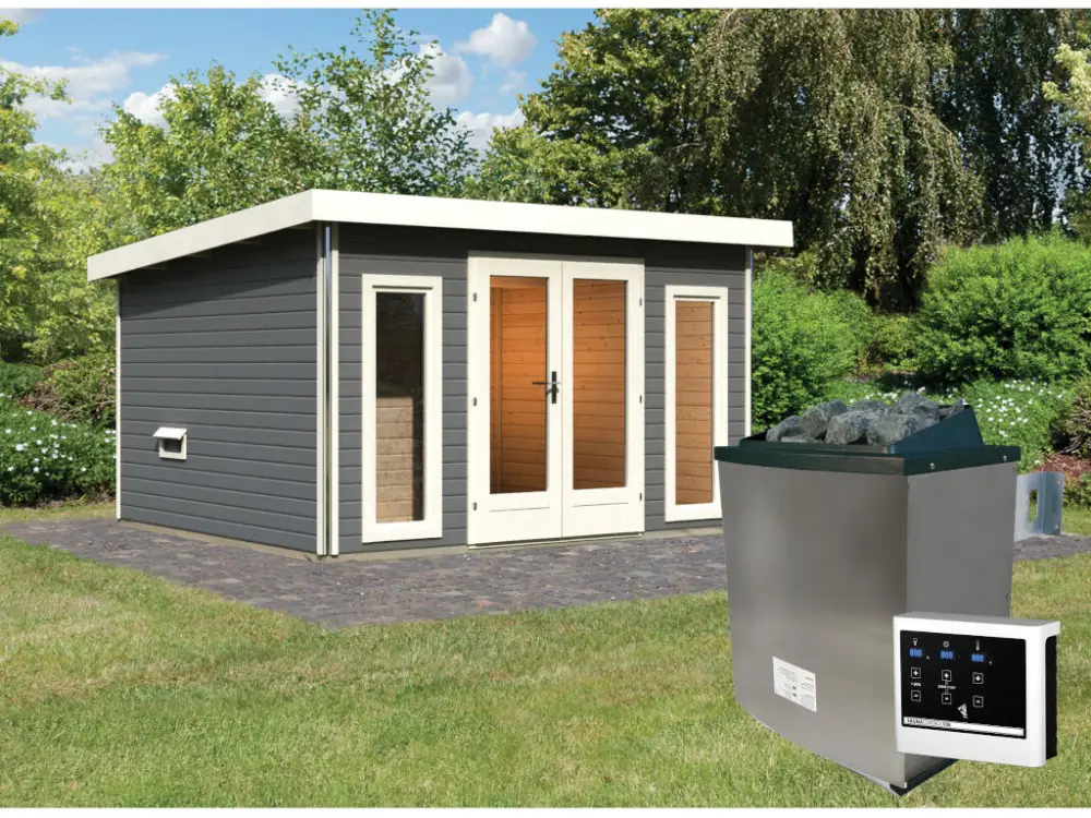 Saunahuis Mainburg 2 terragrijs 38 mm incl. klassieke saunakachel 9 kW + ext. besturing Lage Prijs
