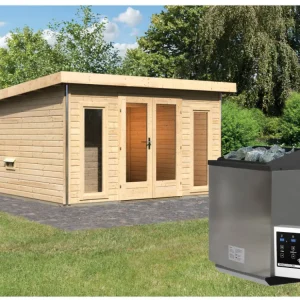 Exclusieve Aanbieding Saunahuis Mainburg 2 blank hout 38 mm incl. Bio-Combi-kachel 9 kW + ext. besturing