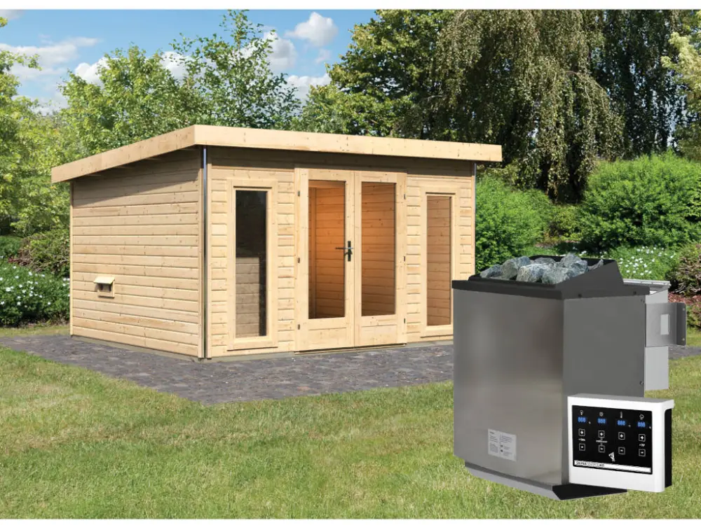 Exclusieve Aanbieding Saunahuis Mainburg 2 blank hout 38 mm incl. Bio-Combi-kachel 9 kW + ext. besturing