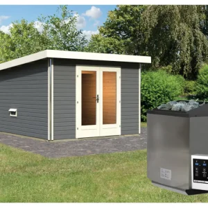 Saunahuis Mainburg 1 terragrijs 38 mm incl. Bio-Combi-kachel 9 kW + ext. besturing Laatste Versie