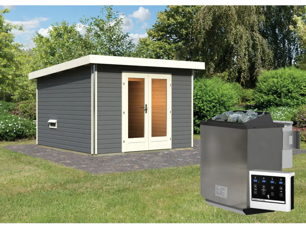 Saunahuis Mainburg 1 terragrijs 38 mm incl. Bio-Combi-kachel 9 kW + ext. besturing Laatste Versie