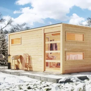 Koopje Saunahuis Hygge met Schiebetür & voorkamer, incl. 9 kW saunakachel met ext. besturing