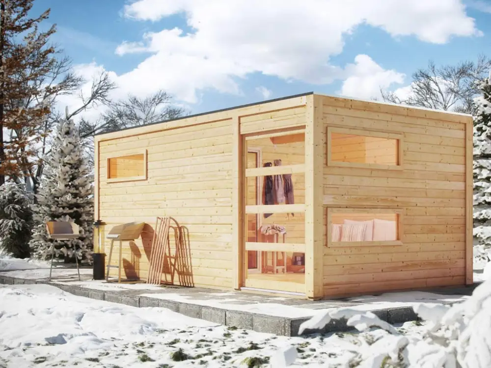 Koopje Saunahuis Hygge met Schiebetür & voorkamer, incl. 9 kW saunakachel met ext. besturing