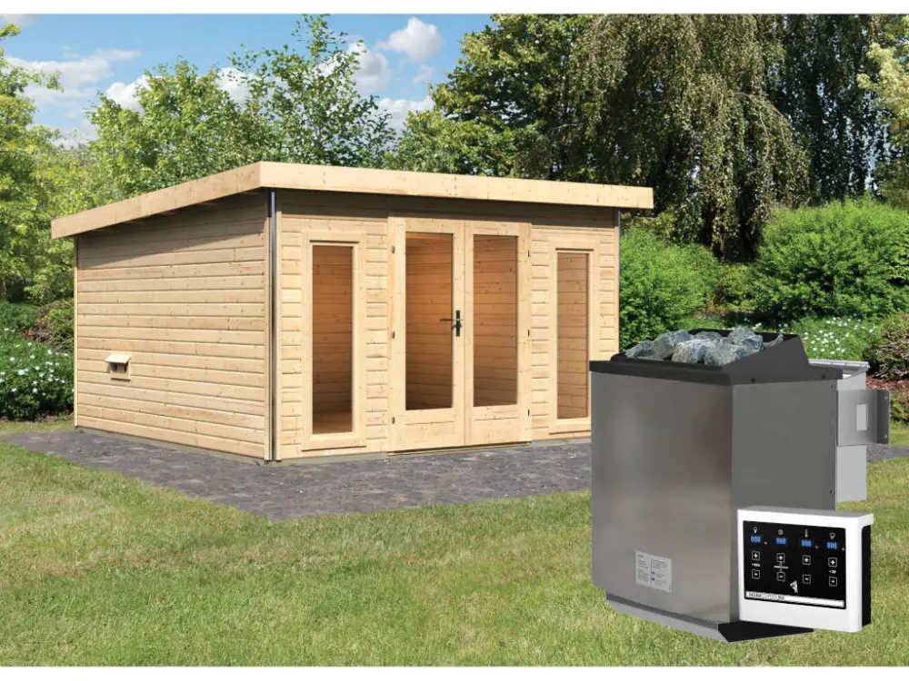 Korting Saunahuis Mainburg 3 blank hout 38 mm incl. Bio-Combi-kachel 9 kW + ext. besturing