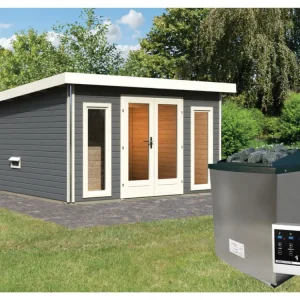 Dagaanbieding Saunahuis Mainburg 2 terragrijs 38 mm incl. klassieke saunakachel 9 kW + ext. besturing