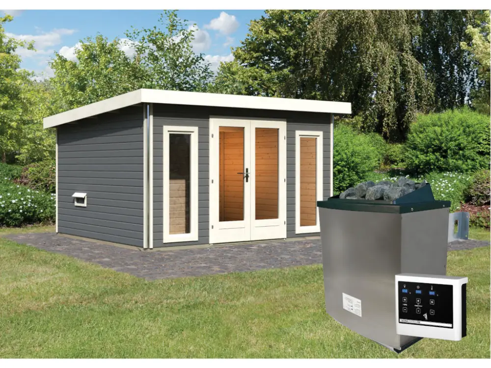 Dagaanbieding Saunahuis Mainburg 2 terragrijs 38 mm incl. klassieke saunakachel 9 kW + ext. besturing