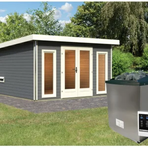 Saunahuis Mainburg 3 terragrijs 38 mm incl. klassieke saunakachel 9 kW + ext. besturing Aanbieding
