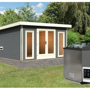 Saunahuis Mainburg 3 terragrijs 38 mm incl. Bio-Combi-kachel 9 kW + ext. besturing Populair