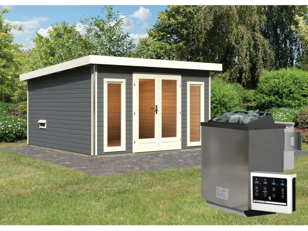 Saunahuis Mainburg 3 terragrijs 38 mm incl. Bio-Combi-kachel 9 kW + ext. besturing Populair