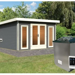 Saunahuis Mainburg 3 terragrijs 38 mm incl. klassieke saunakachel 9 kW + ext. besturing Koop Online