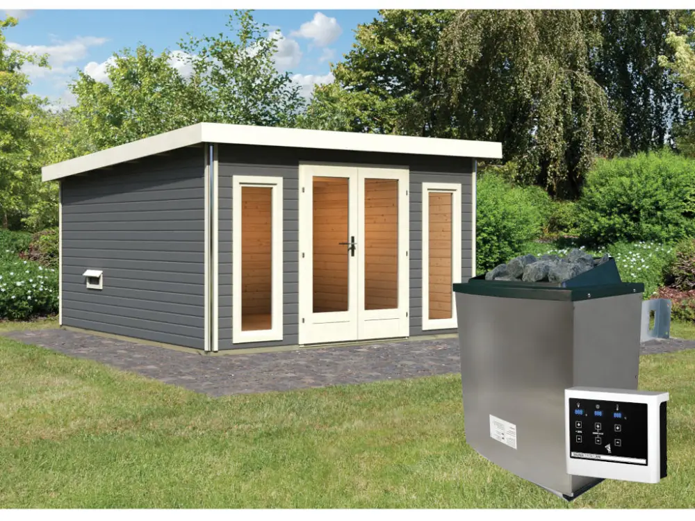 Saunahuis Mainburg 3 terragrijs 38 mm incl. klassieke saunakachel 9 kW + ext. besturing Koop Online