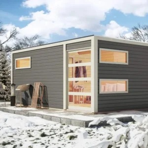 Betaalbaar Saunahuis Hygge grijs met Schiebetür & voorkamer, incl. 9 kW saunakachel met ext. besturing