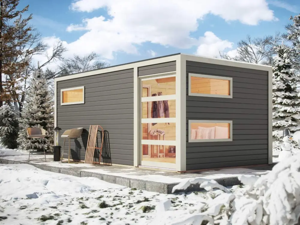 Betaalbaar Saunahuis Hygge grijs met Schiebetür & voorkamer, incl. 9 kW saunakachel met ext. besturing