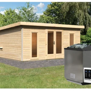 Saunahuis Mainburg 5 blank hout 38 mm incl. Bio-Combi-kachel 9 kW + ext. besturing Nieuw