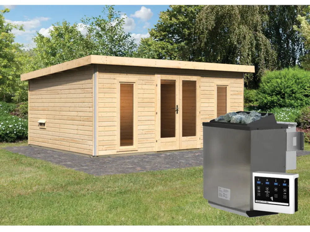 Saunahuis Mainburg 5 blank hout 38 mm incl. Bio-Combi-kachel 9 kW + ext. besturing Nieuw
