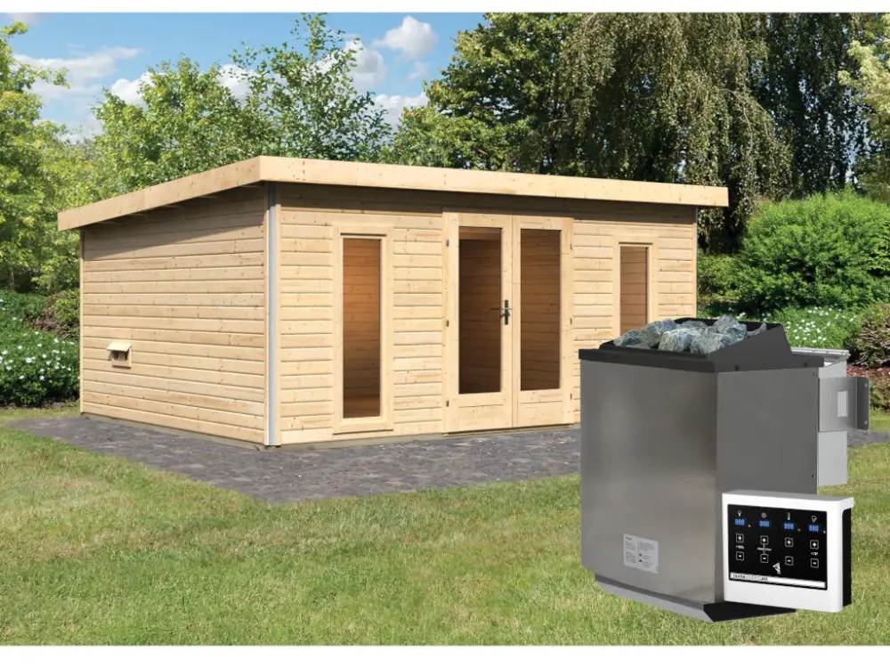 Saunahuis Mainburg 5 blank hout 38 mm incl. Bio-Combi-kachel 9 kW + ext. besturing Laatste Versie