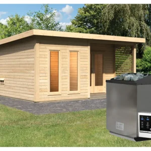 Saunahuis Mainburg 5 blank hout 38 mm incl. Bio-Combi-kachel 9 kW + ext. besturing Korting