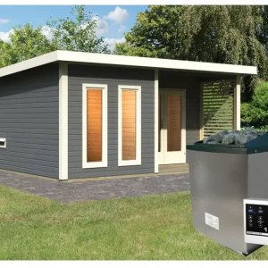 Saunahuis Mainburg 5 terragrijs 38 mm incl. klassieke saunakachel 9 kW + ext. besturing Lage Kosten