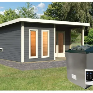 Hete Deal Saunahuis Mainburg 5 terragrijs 38 mm incl. klassieke saunakachel 9 kW + ext. besturing