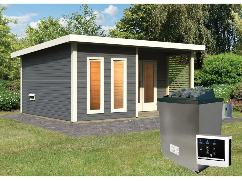 Hete Deal Saunahuis Mainburg 5 terragrijs 38 mm incl. klassieke saunakachel 9 kW + ext. besturing