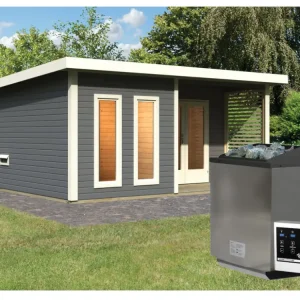 Korting Saunahuis Mainburg 5 terragrijs 38 mm incl. Bio-Combi-kachel 9 kW + ext. besturing