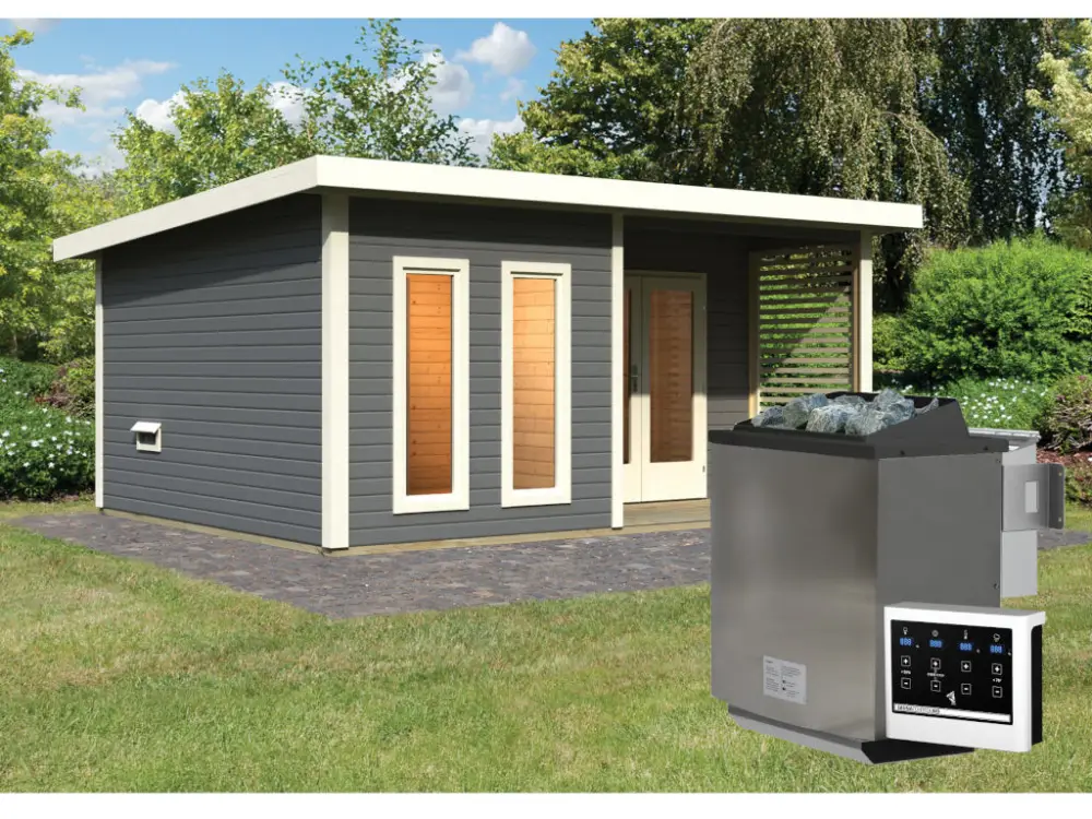 Korting Saunahuis Mainburg 5 terragrijs 38 mm incl. Bio-Combi-kachel 9 kW + ext. besturing