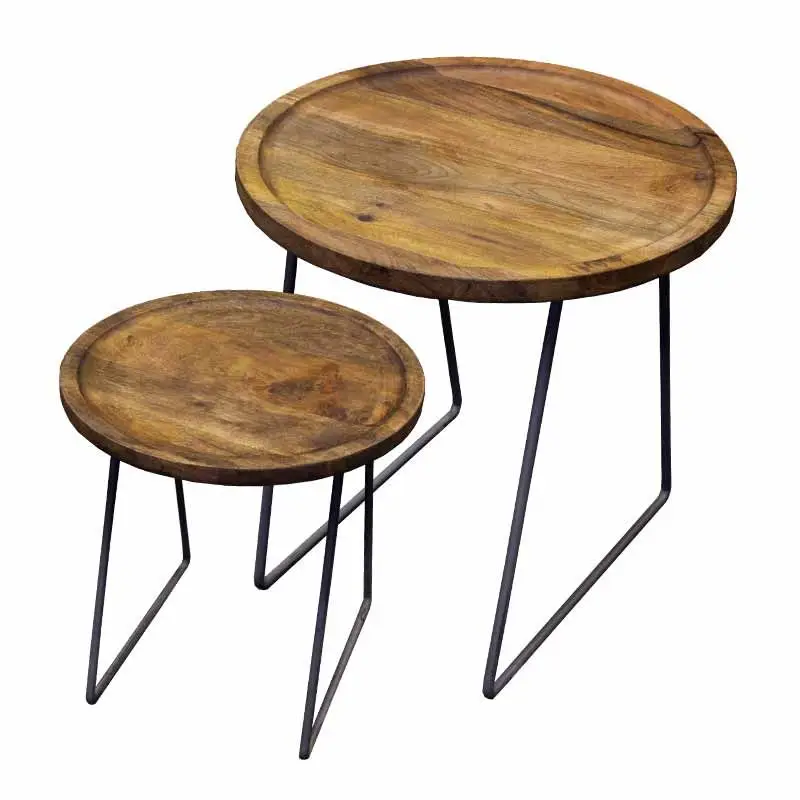 Express Levering Industriële bijzettafel rond massief Mango - Set van 2