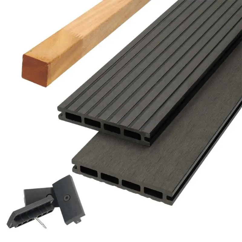 Weekendaanbieding Vlonder totaalpakket composiet 2,1 x 14 cm antraciet (4 mtr) vlak/grove ribbel