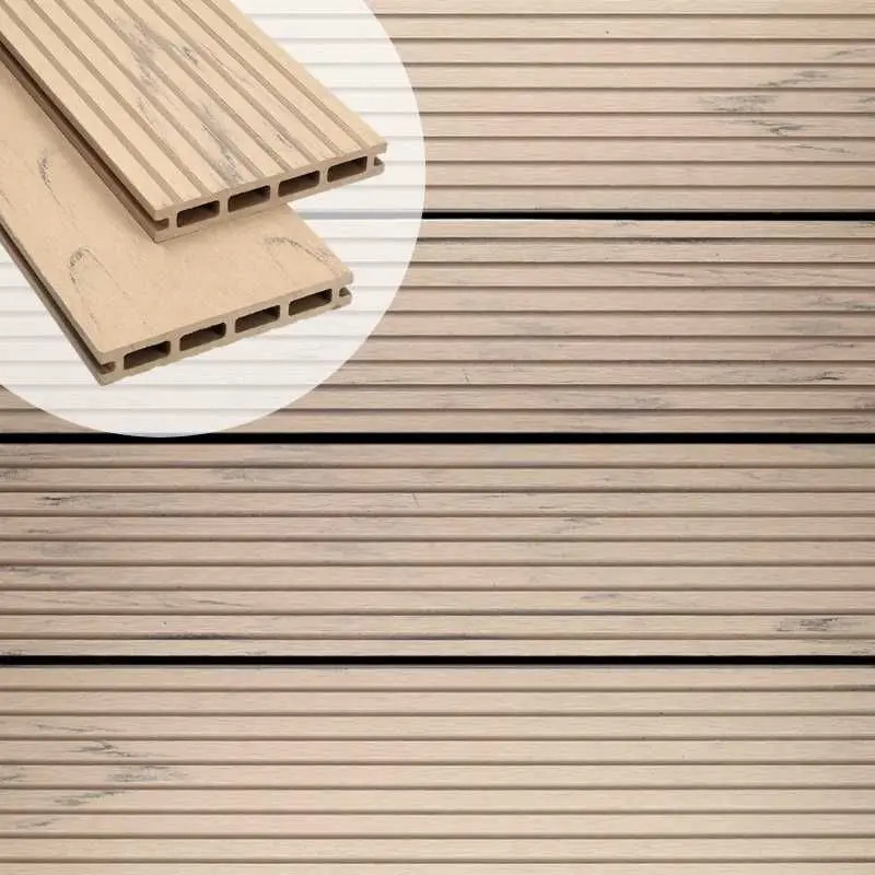 Vlonderplank composiet 2,1 x 14 cm steengrijs gevlamd (4 mtr) grove ribbel en vlak Koopje
